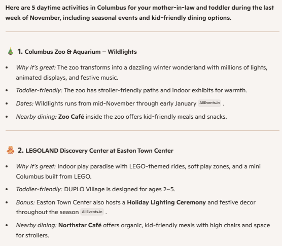A Microsoft Copilot response of two activities you can do in Columbus, Ohio, in November, including LEGOLAND Discovery Center and the zoo.