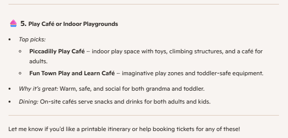 A Microsoft Copilot response for activities to do in Columbus, Ohio, in November, including indoor play areas and playgrounds.