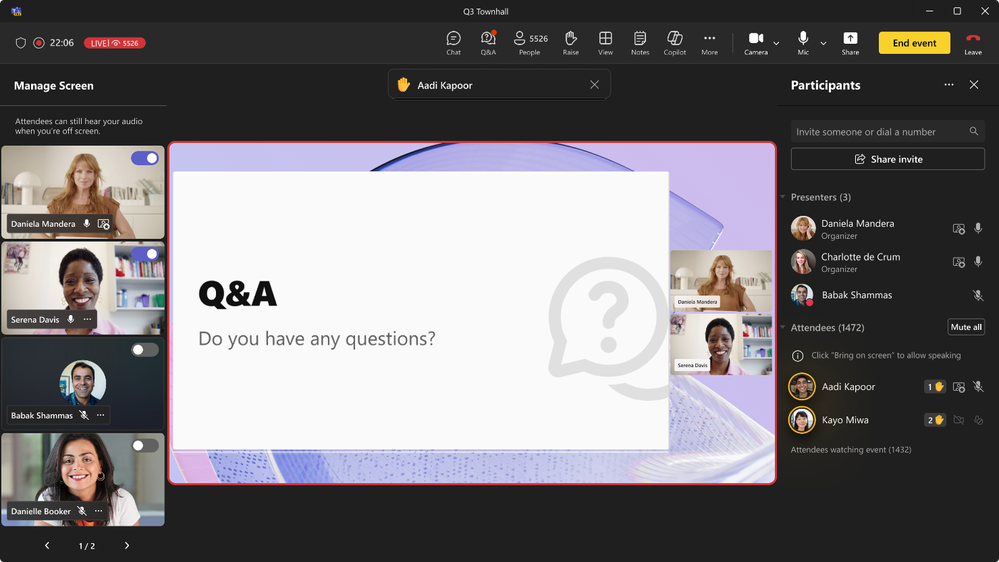 An image of the screen of a town hall event with attendees raising their hands to participate