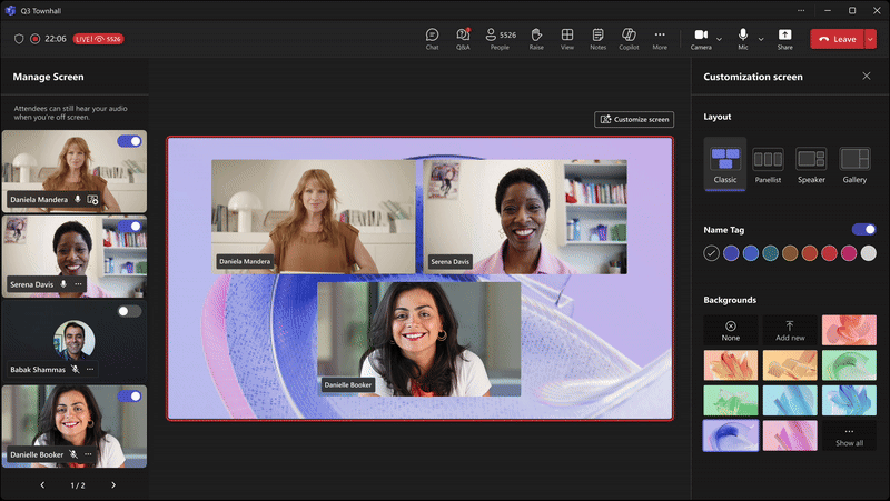 A GIF image of the interface to control what attendees see on the screen in a town hall instance, with panels for layout customization