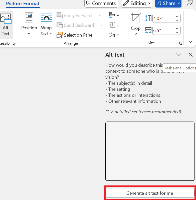 A screenshot of the Picture Format and Alt Text feature in Microsoft Word.