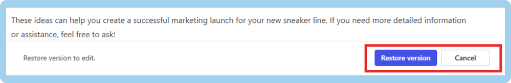 A screenshot of the Restore version and Cancel buttons in Copilot Pages.