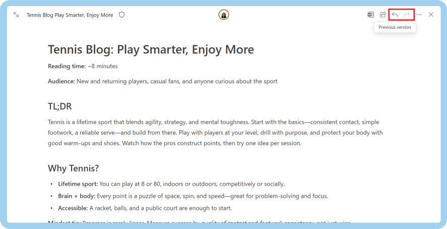 A screenshot of the Previous version arrows in Copilot Pages.