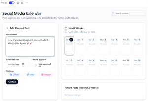 Screenshot of a social media calendar with the caption “Now, if you can imagine it, you can build it – with Copilot Pages!”