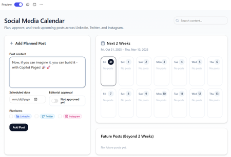 Screenshot of a social media calendar with the caption “Now, if you can imagine it, you can build it – with Copilot Pages!”