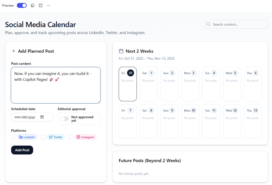 Screenshot of a social media calendar with the caption “Now, if you can imagine it, you can build it – with Copilot Pages!”