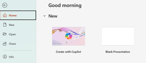 A screenshot of the Home page in Microsoft PowerPoint and the Create with Copilot option.