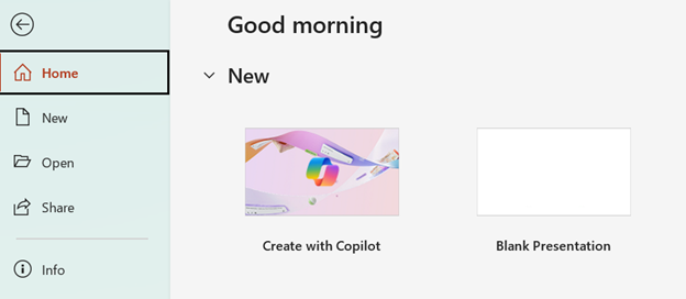A screenshot of the Home page in Microsoft PowerPoint and the Create with Copilot option.