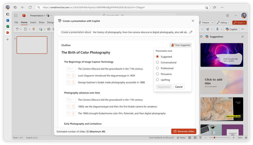 A screenshot of the Create a presentation with Copilot outline in Microsoft PowerPoint with the Tone setting selected.