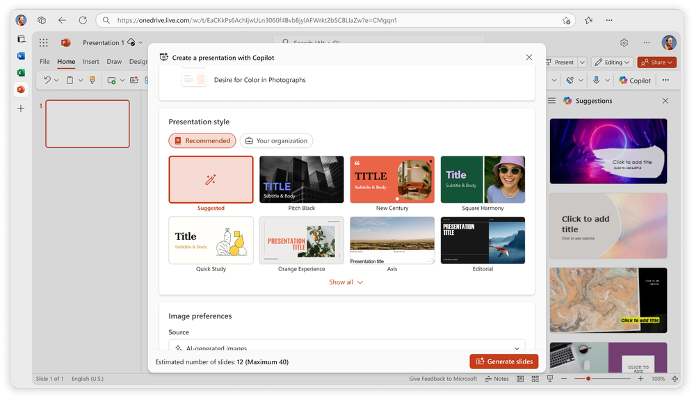 A screenshot of the Create a presentation with Copilot outline in Microsoft PowerPoint showing Presentation style options.