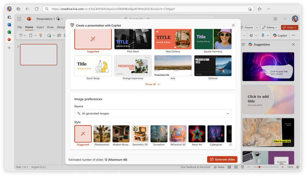 A screenshot of the Create a presentation with Copilot outline in Microsoft PowerPoint showing the Image preferences option.
