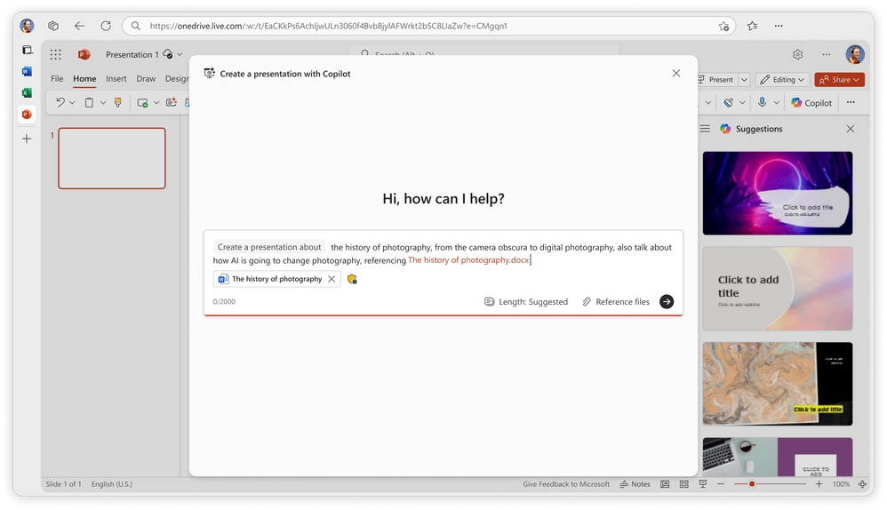 A screenshot of the Create a presentation about Copilot prompt box in Microsoft PowerPoint, generating slides about the history of photography..