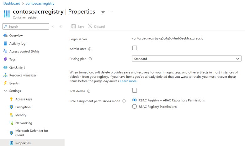 Enabling ABAC on an existing ACR registry by setting the permissions mode to "RBAC Registry + ABAC Repository Permissions" in the Portal Properties blade.