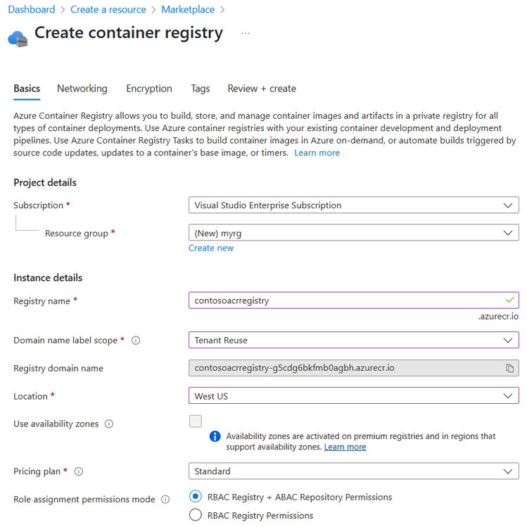 Enabling ABAC on a new ACR registry by setting the permissions mode to "RBAC Registry + ABAC Repository Permissions" in the new registry creation flow.