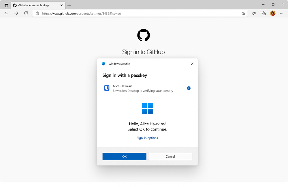 Signing into GitHub with a Bitwarden passkey
