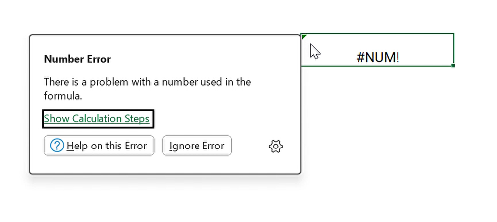 A screenshot of the #NUM! error in Microsoft Excel.