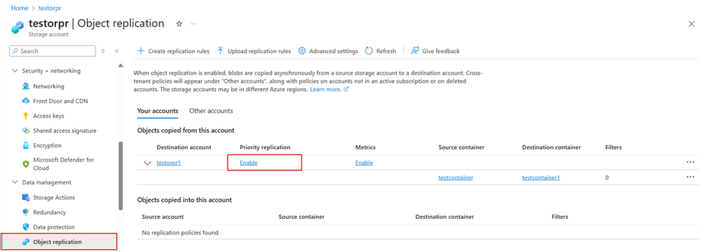 Azure Portal user experience for enabling OR Priority Replication.