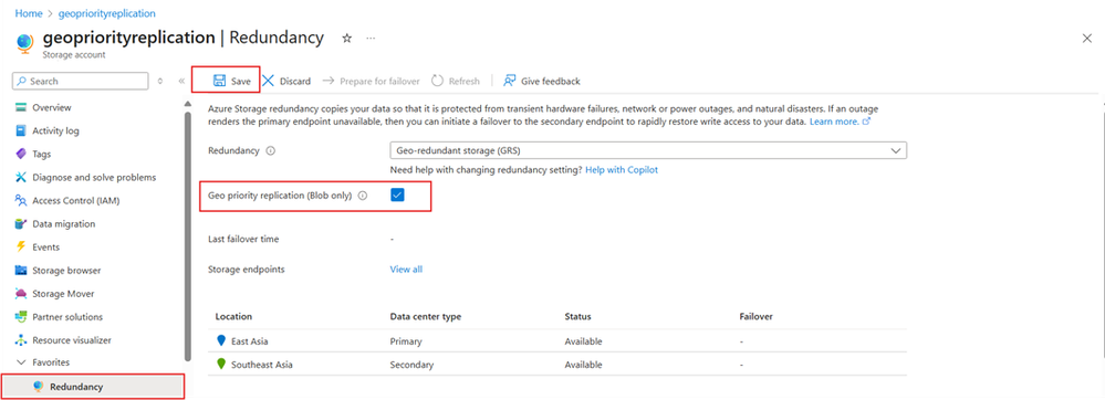 Azure Portal user experience for enabling Geo Priority Replication.
