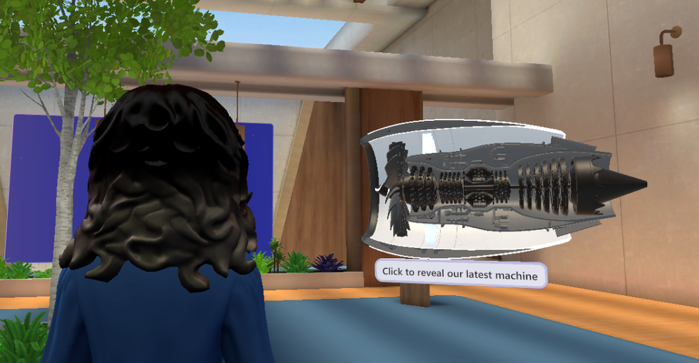 Presenter view looking at 3D model with the caption, “Click to reveal our latest machine”