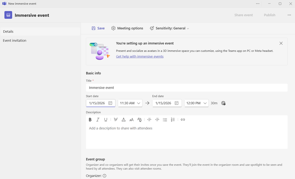 Immersive event setup experience in Teams