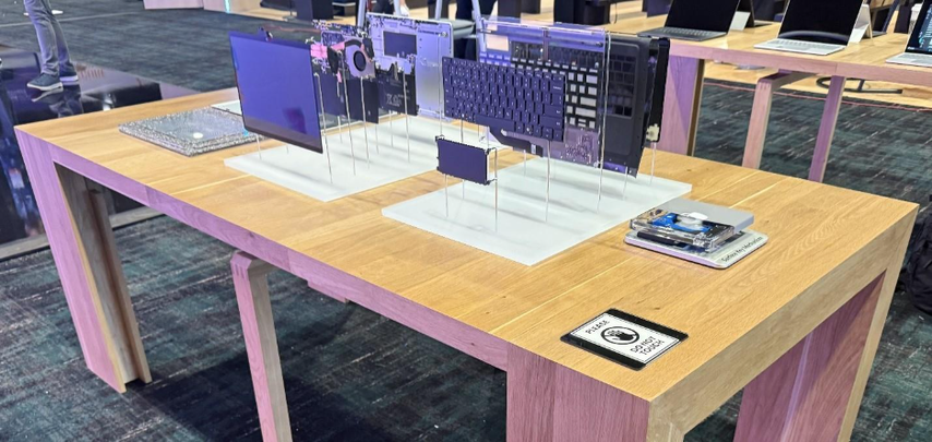 Table with computer parts displayed