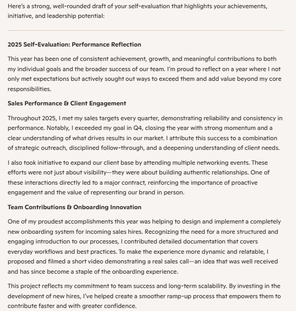 A Microsoft Copilot response for a sales associate writing their performance review self-evaluation, touching on sales performance and client engagement.