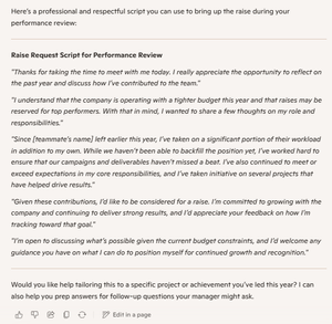 A Microsoft Copilot response for a script for asking for a raise in a performance review.