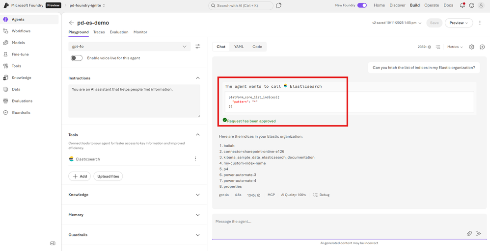 Connect to Elastic MCP Server from the Foundry Agent playground