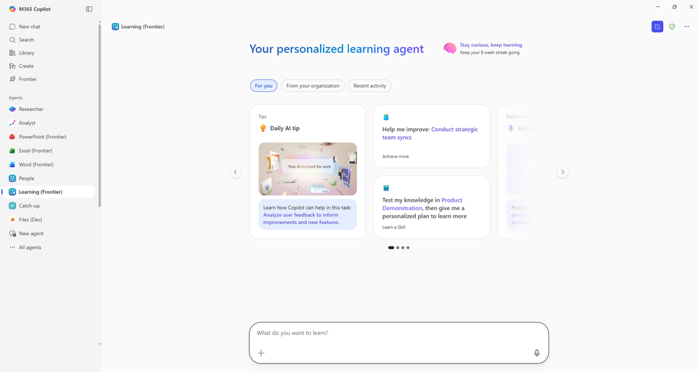 A view of the Learning agent showing a daily AI tip to help with a task.