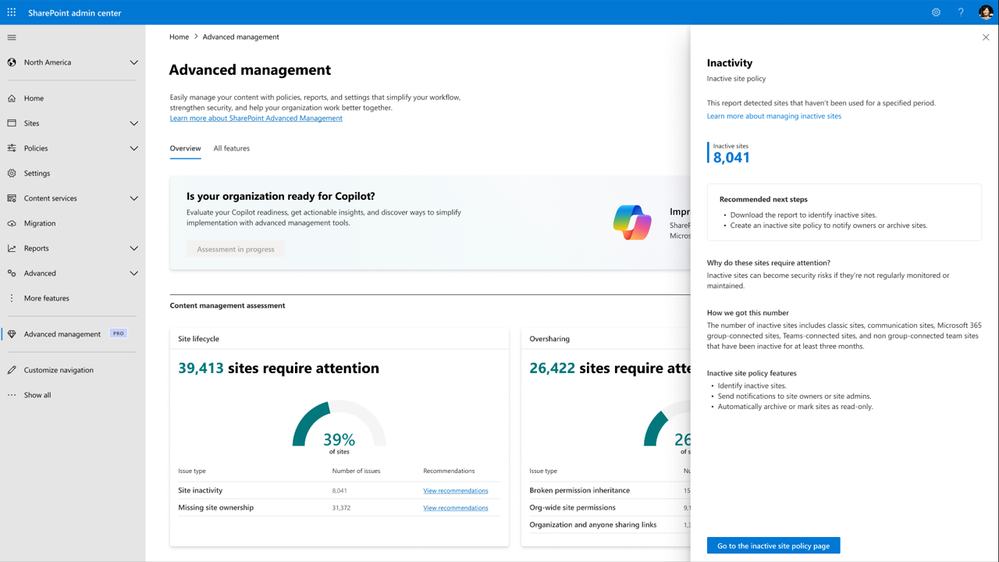 A computer screenshot of the SharePoint admin center on the Content Management Assessment