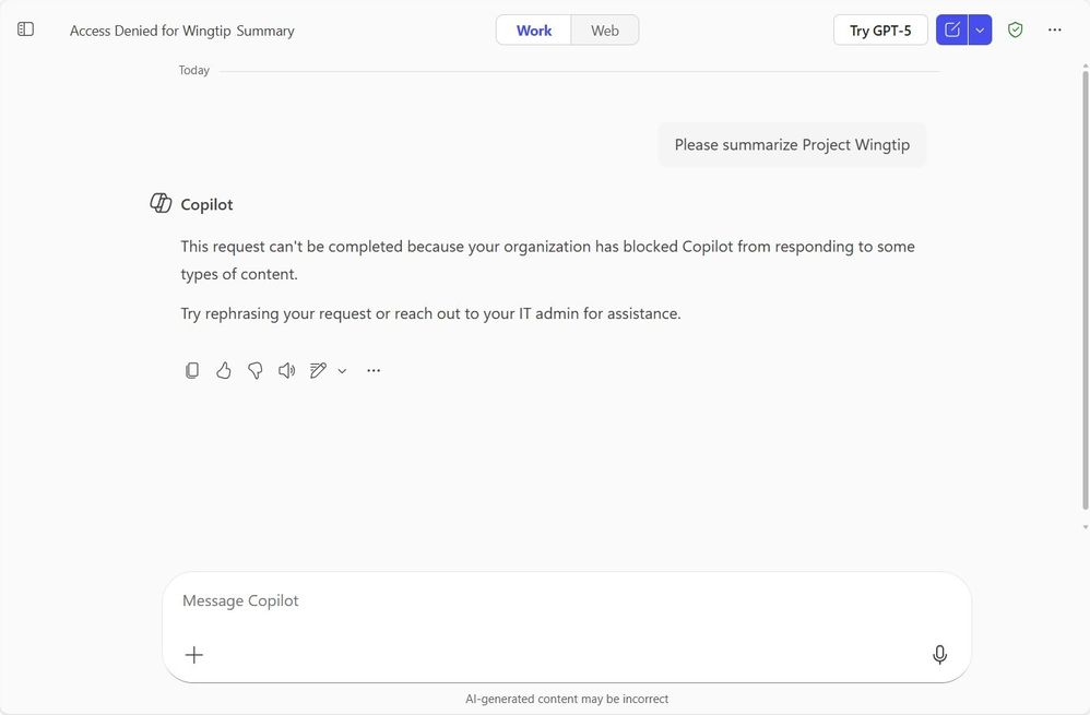 Microsoft Purview Data Loss Prevention for Microsoft 365 Copilot to safeguard prompts blocking responses to questions around Project Wingtip, as Project Wingtip is on the organization’s sensitive information block list