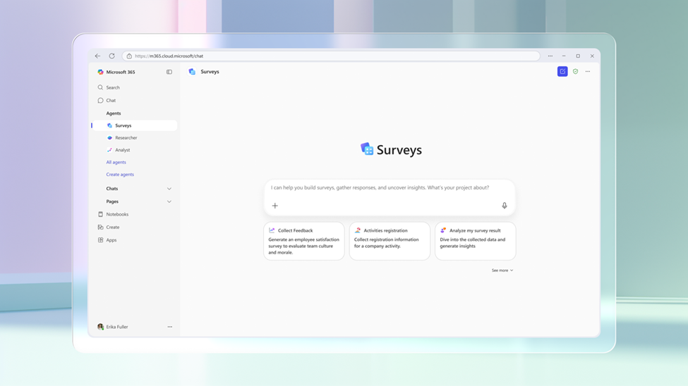 Surveys Agent interface with search bar and quick survey options in Copilot Chat.