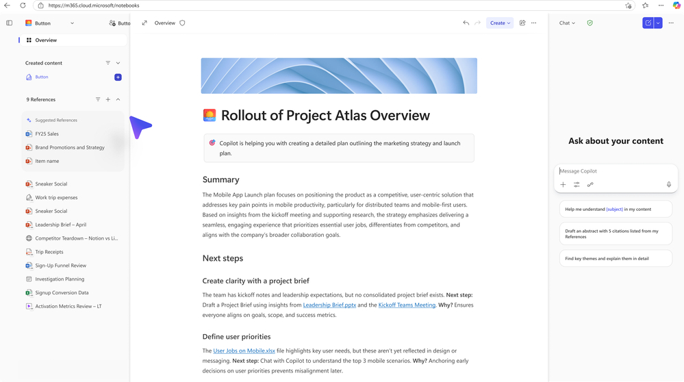 Screenshots of an open Copilot Notebook with the cursor over the Suggested References section.