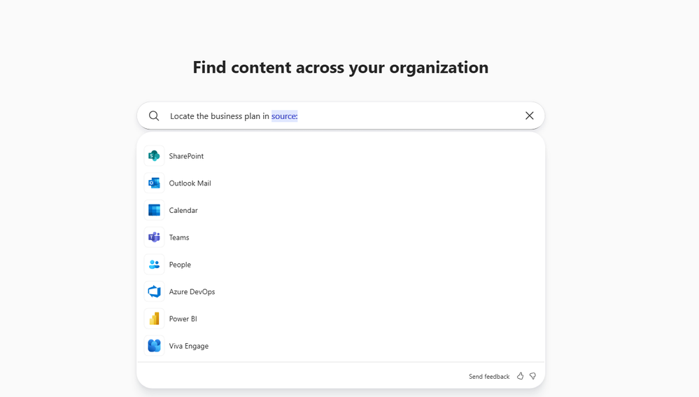 A screenshot of the Microsoft 365 Copilot app on the Search module with a query suggesting different sources.