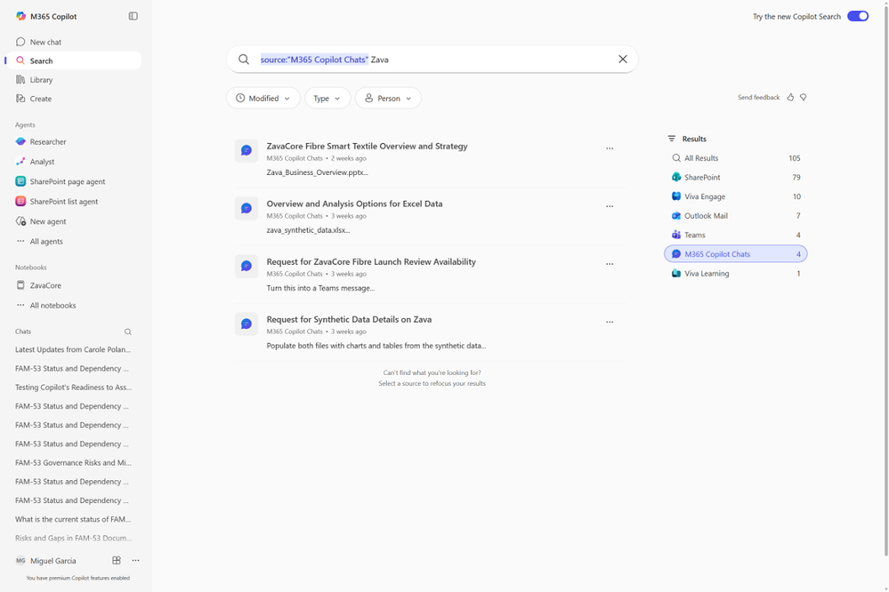 A screenshot of the Microsoft 365 Copilot app on the Search module with a search query of conversation history.
