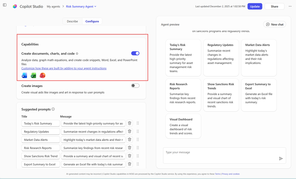 Image of a Risk Summary Agent being created in Copilot Studio Agent Builder with the Create documents, charts, and code capability toggled on.