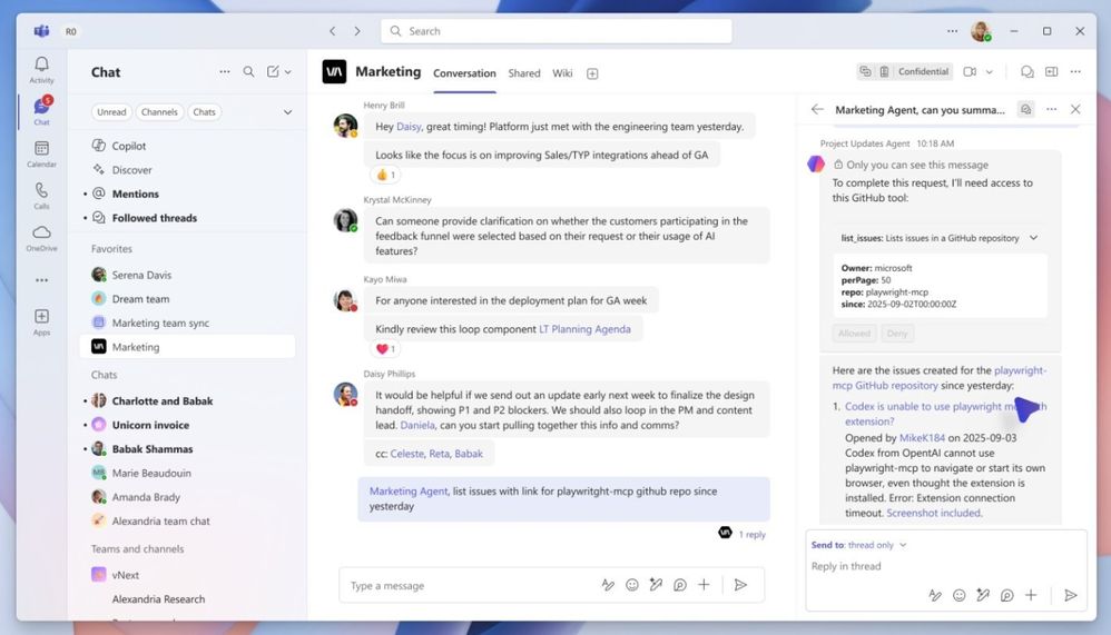 A screenshot in the Microsoft Teams app showing a Channel agent called Marketing.