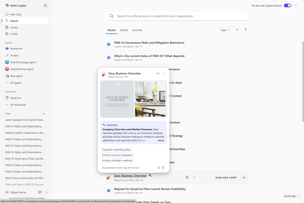 A computer screenshot of the Microsoft 365 Copilot app with a Glance Card showing a summary of the Zava Business Overview document.