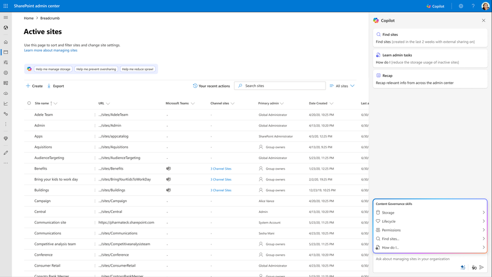A computer screenshot of the SharePoint admin center with the Active sites page displayed and the SharePoint Admin Agent open on the left side of the screen.