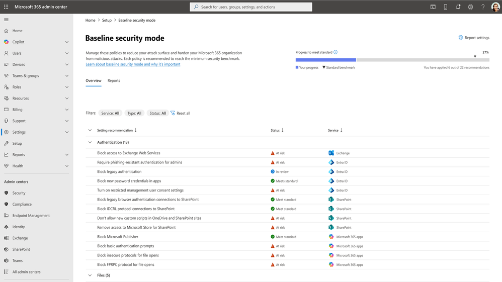 The Microsoft 365 admin center on the Baseline security mode page with a list of policies to manage.