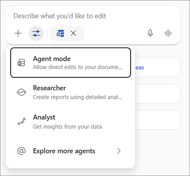A screenshot of the Copilot menu showing the drop down selection for Agent mode.