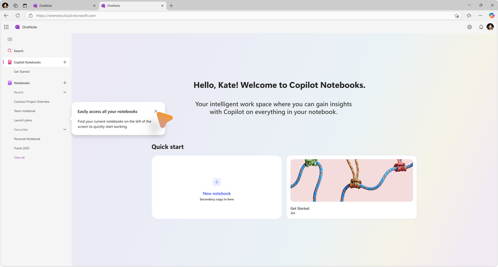 Screenshot of Copilot Notebooks in OneNote on the Web.