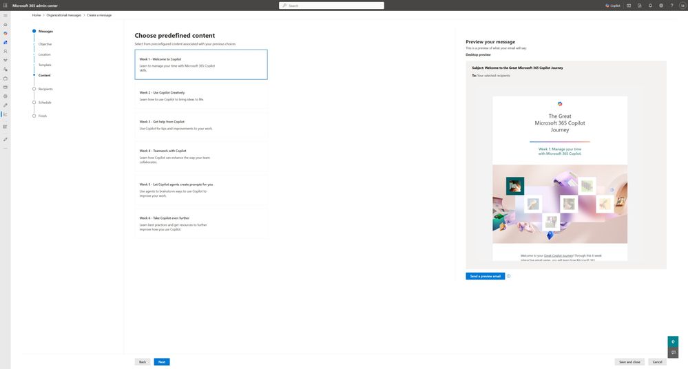The screen displays a message creation interface with a list of predefined content options on the left and a preview of the selected message titled ‘The Great Microsoft 365 Copilot Journey’ on the right