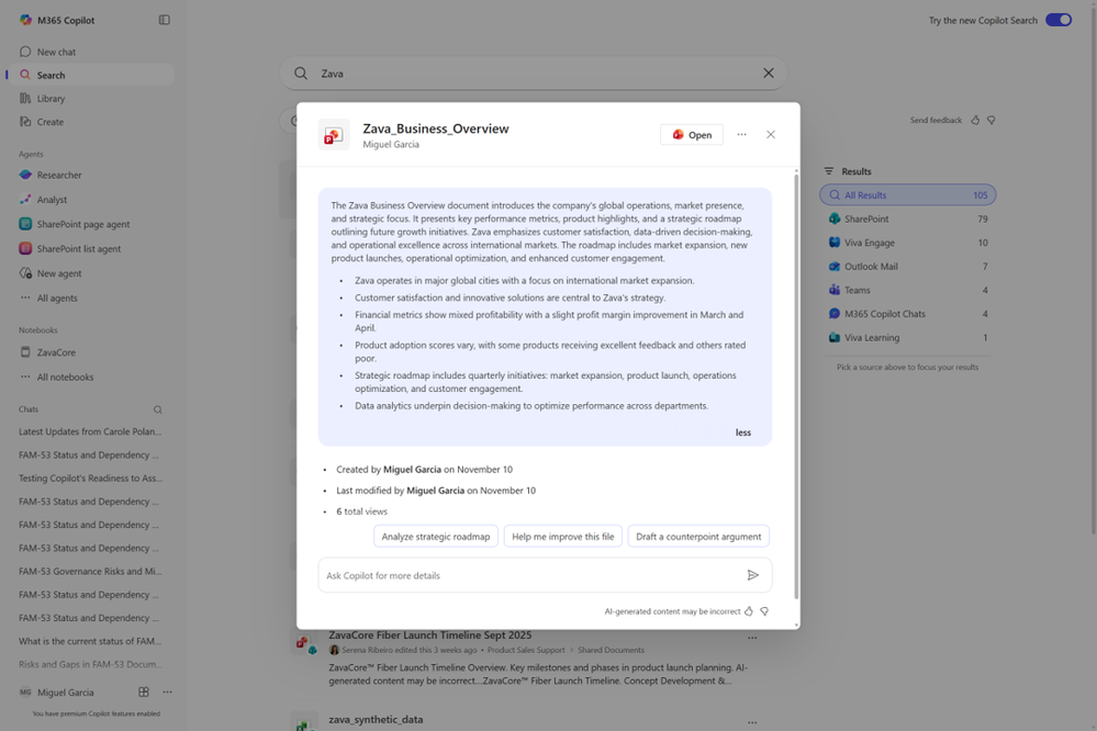 A screenshot of the Microsoft 365 Copilot app on the Search module with a field displaying a summary of a document.