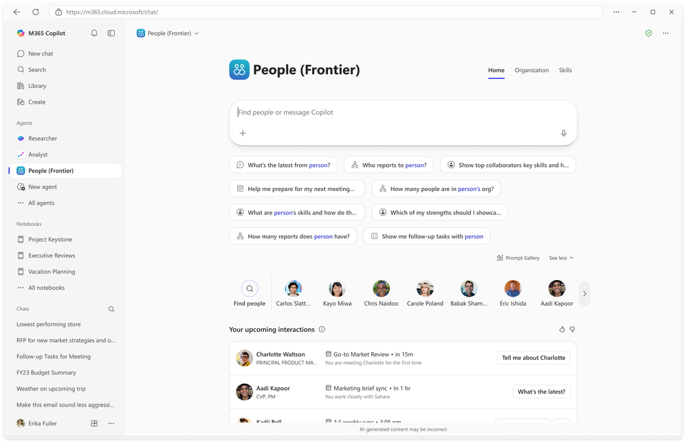 A view of the People agent showing suggested prompts to gain more insights from people in an organization.