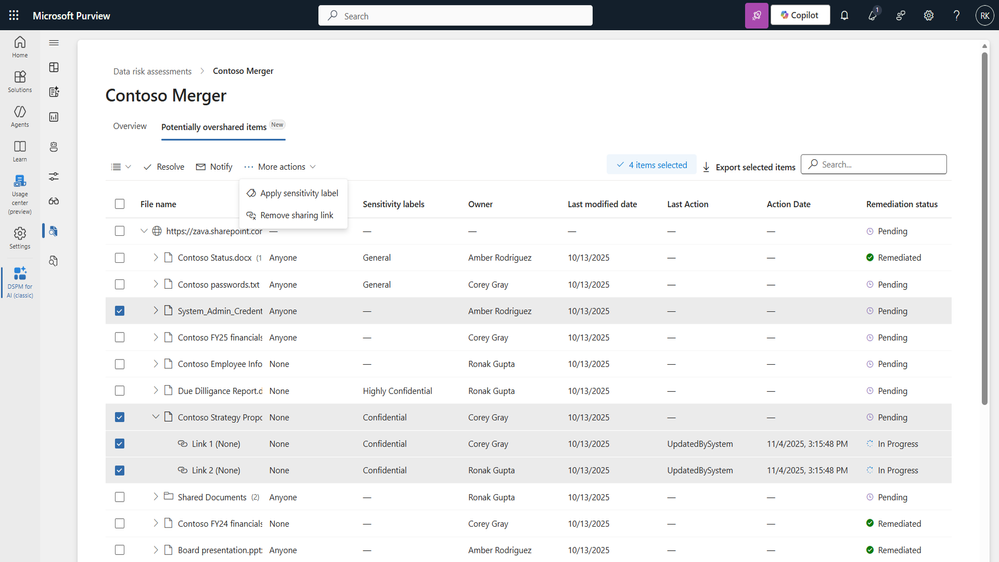 The Microsoft Purview app showing a Data risk assessment list for a SharePoint site called Contoso Merger.