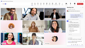 A screenshot of a Teams meeting shows a conversation with Facilitator in the Meeting chat. A user has tasked Facilitator to assign a task to Sarah and set the due date to Friday.