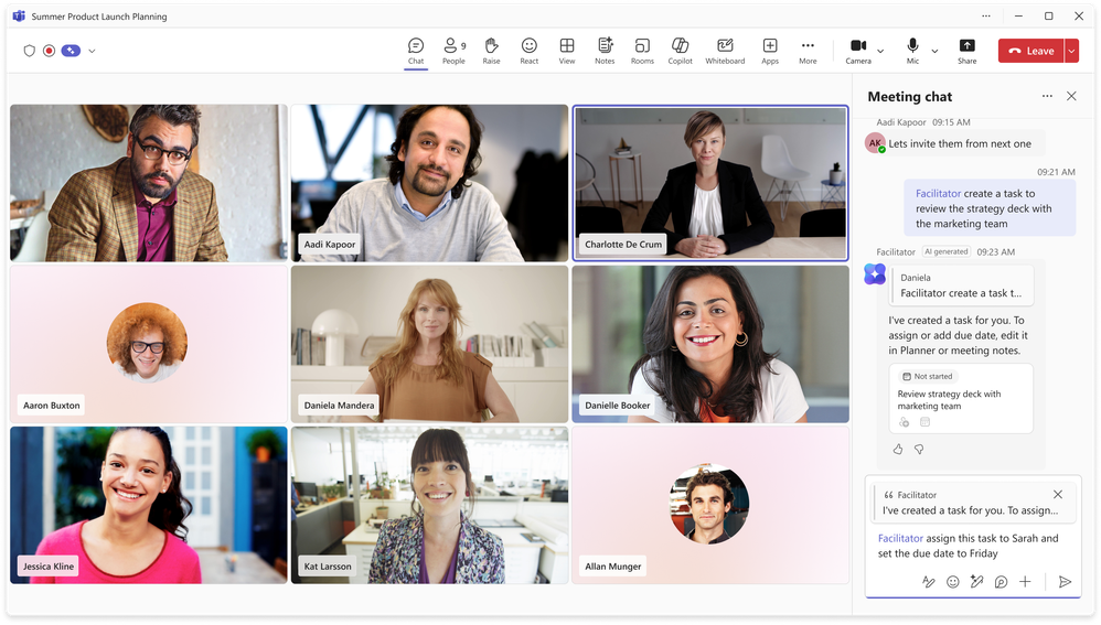 A screenshot of a Teams meeting shows a conversation with Facilitator in the Meeting chat. A user has tasked Facilitator to assign a task to Sarah and set the due date to Friday.