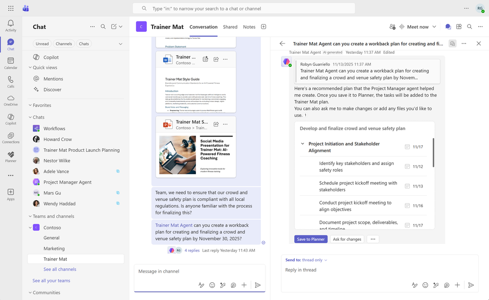 A screenshot of a Teams channel shows a conversation with the Channel Agent. The Channel Agent has created a workback plan with tasks and due dates.