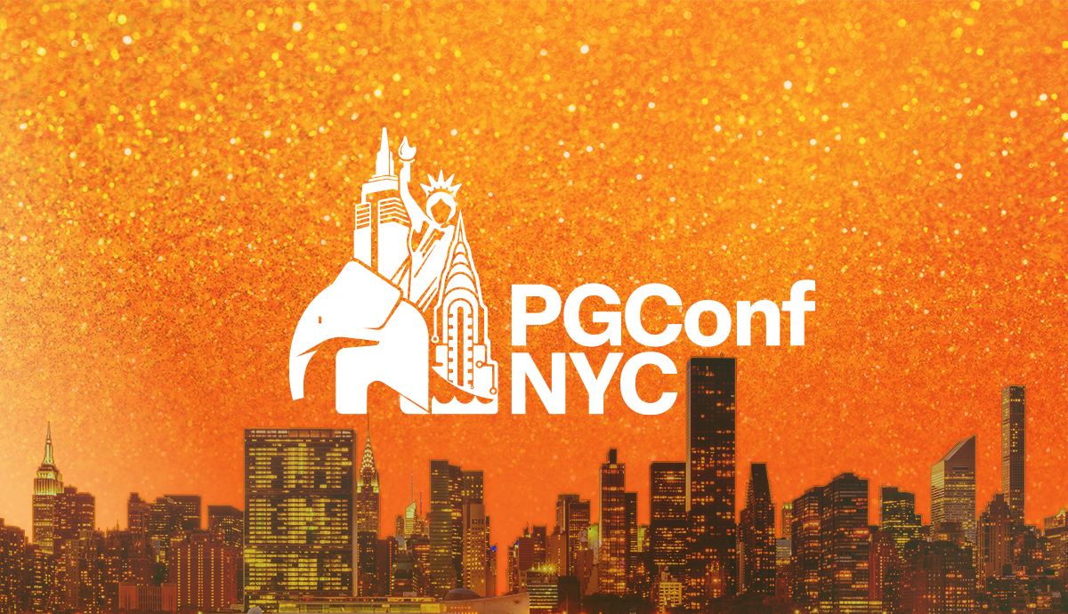 View of NYC skyline with orange glitter background and PGConf NYC logo
